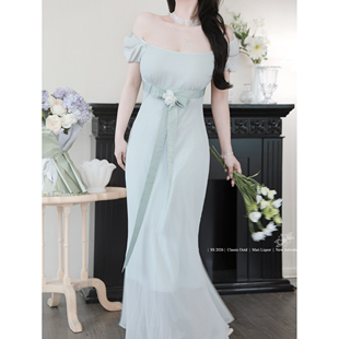 新品折扣 青色音阶 古早美女感帝政风复古斜裁收腰短袖夏季连衣裙