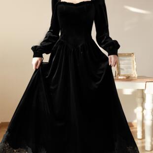 黑茉莉与甜酒 镜中倒影 黑丝绒鱼骨麻花编织拼接蕾丝长袖连衣裙女