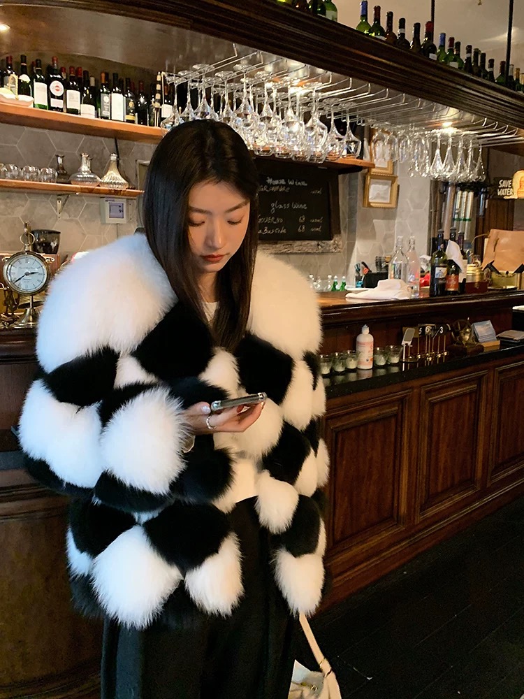 SNOW WINNING进口整皮狐狸毛皮草毛毛外套撞色棋盘格2025冬季新款