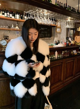 SNOW WINNING进口整皮狐狸毛皮草毛毛外套撞色棋盘格2025冬季新款