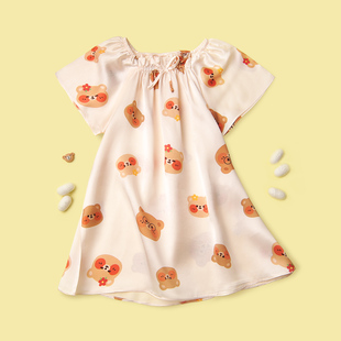 女童真丝睡裙小熊桑蚕丝儿童家居服小女孩连衣裙宝宝夏季 睡衣 薄款