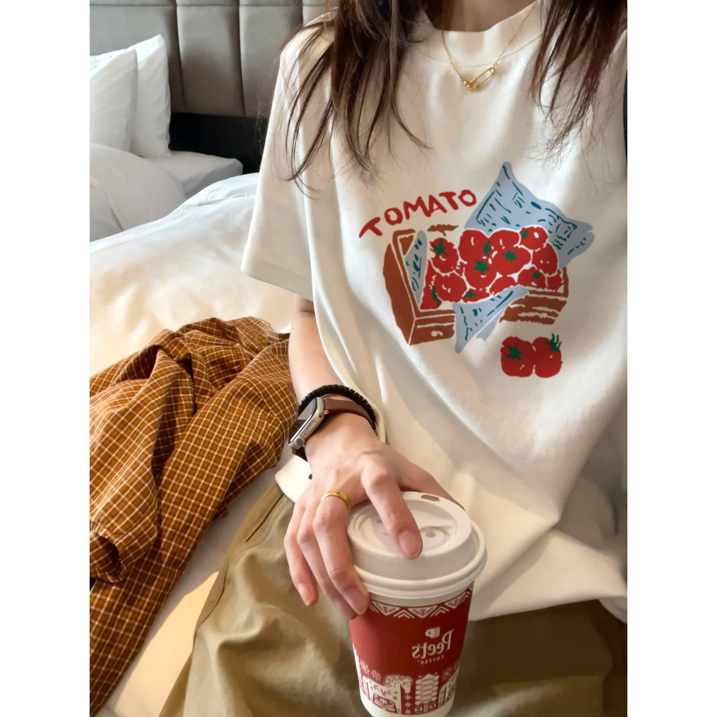 2026韩版新款女款番茄印花正肩短袖t恤女显瘦百搭女短袖女纯棉t桖