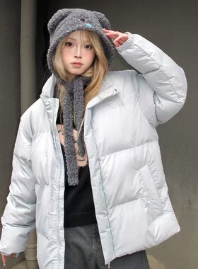 北面THE NORTH FACE 纯色字母拉链保暖面包棉服男女同款冷灰色