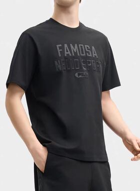 FILA斐乐短袖T恤男新款印花宽松针织短袖衫运动黑色上衣