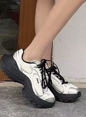 FILA 斐乐女鞋鱼刺4老爹鞋运动鞋2025新款增高黑色休闲鞋