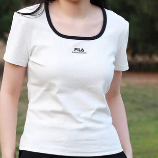 FILA斐乐多彩短袖T恤女新款简约运动修身针织T上衣白色