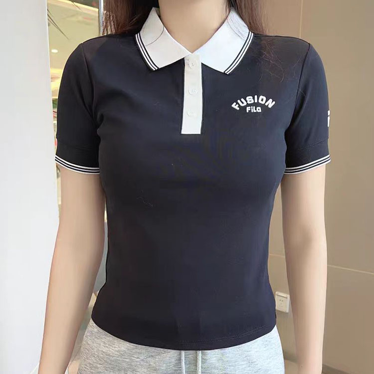 FILA FUSION斐乐潮牌2025夏新款女士针织短袖POLO衫休闲短款T恤