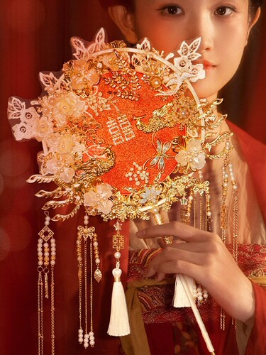 团扇diy材料包新娘结婚双面双色秀禾古风手捧花重工成品婚礼喜扇