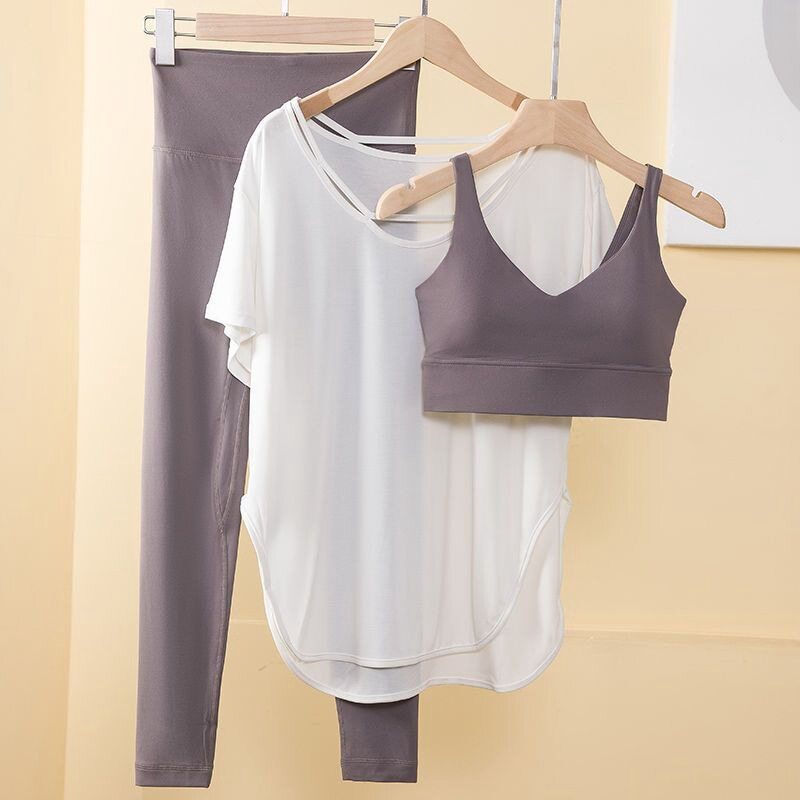 定制瑜伽服一套大码女装夏季套装女运动休闲背心上衣打底裤三件套