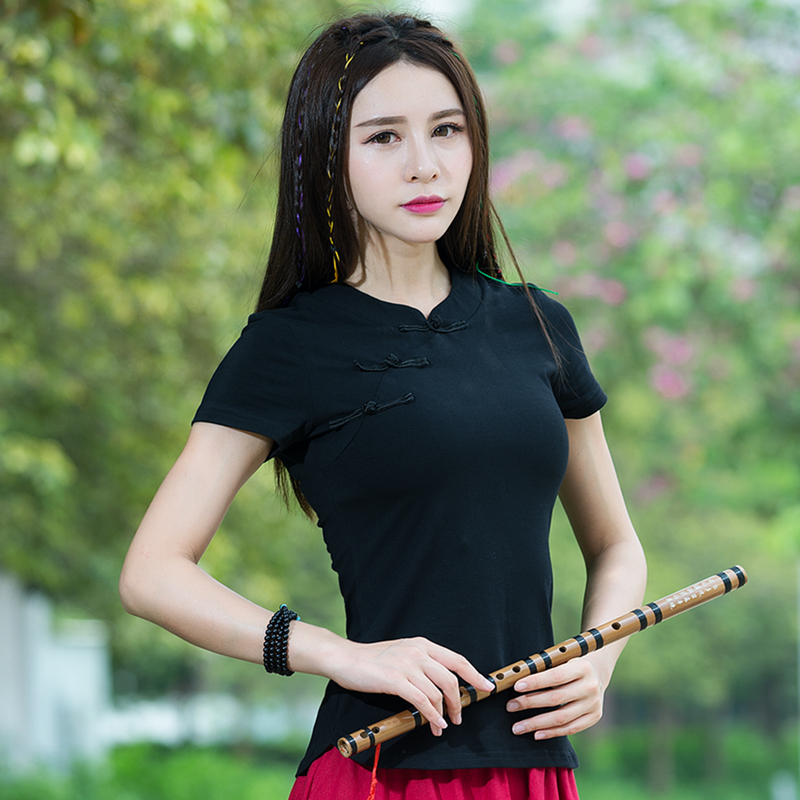 大码民族风夏季女装复古旗袍短袖上衣修身T恤纯色打底衫包邮