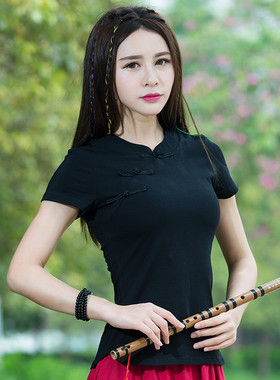 大码民族风夏季女装复古旗袍短袖上衣修身T恤纯色打底衫包邮