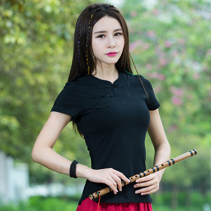 大码民族风夏季女装复古旗袍短袖上衣修身T恤纯色打底衫包邮