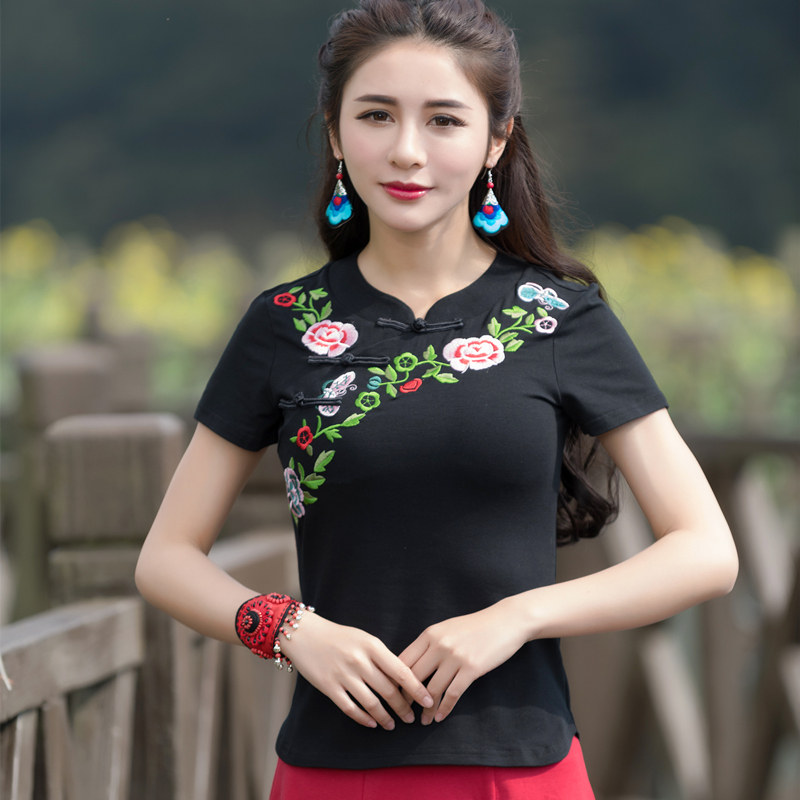包邮民族风大码女装夏新款短袖绣花棉修身立领复古上衣T恤打底衫