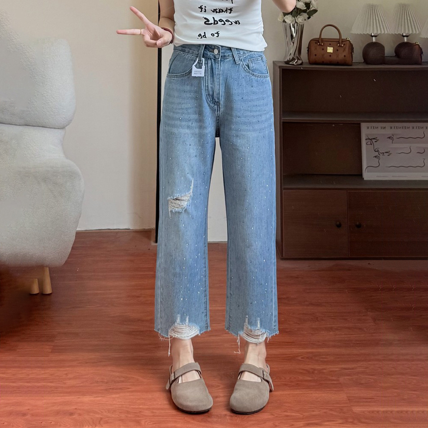 设计感拉满~烫钻八分破洞做旧直筒牛仔裤女小个子夏季薄款烟管裤