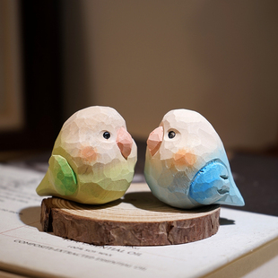 “肉嘟嘟的小胖鹦鹉”手工木雕小摆件可爱鸟儿桌面电视书柜装饰品