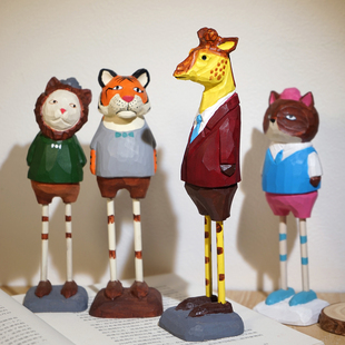 “长腿先生”手工木雕小摆件卡通动物长颈鹿狮子老虎狐狸工位装饰
