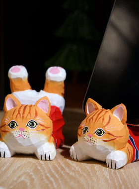 翘腿橘猫手工木雕手机架桌面懒人支架可爱创意实用桌上装饰品摆件