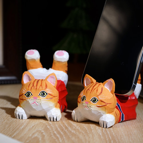 翘腿橘猫手工木雕手机架桌面懒人支架可爱创意实用桌上装饰品摆件