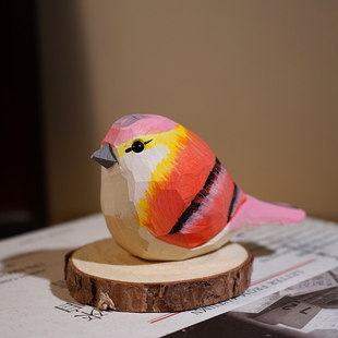 “肥啾”手工木雕小鸟摆件卡通可爱动物办公室桌面实木雕刻装饰品