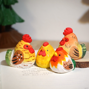 迷你咕咕鸡手工木雕小摆件卡通可爱公鸡装 饰品工位解压放松情绪