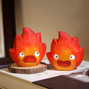 卡西法小火焰火苗手工木雕摆件卡通可爱办公室工位桌面装饰品礼物