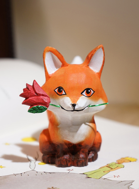 小王子狐狸玫瑰花手工木雕摆件