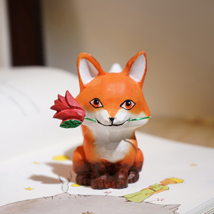 “献给永远的小王子”手工木雕摆件狐狸玫瑰花可爱浪漫礼物送女生