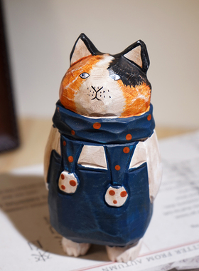 波点蓝围脖猫手工木雕小摆件