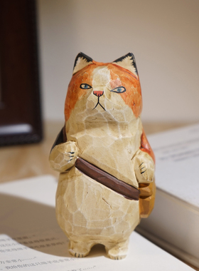 斜挂包脏脏猫手工木雕小摆件