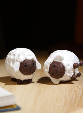 “小羊肖恩”手工木雕小摆件工位桌面家居电视书柜可爱装饰品礼物