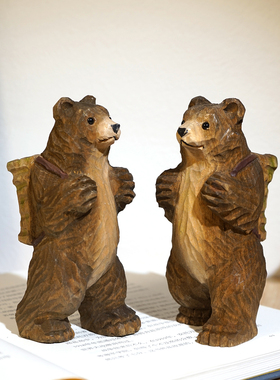 “背篮子棕熊”手工木雕小摆件可爱卡通动物工位电视柜桌面装饰品