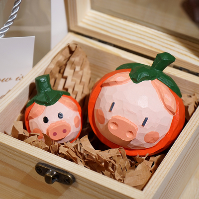 猪柿顺意手工木雕小摆件