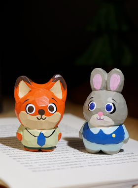 “朱迪和尼克”手工木雕小摆件可爱卡通动漫工位书桌面装饰品礼物