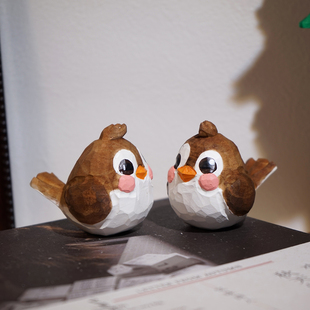 呆萌鸟手工木雕小摆件卡通可爱稳定情绪工位办公电脑桌面装饰品