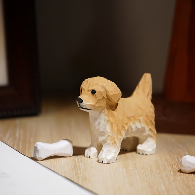 手工木雕金毛小狗小摆件