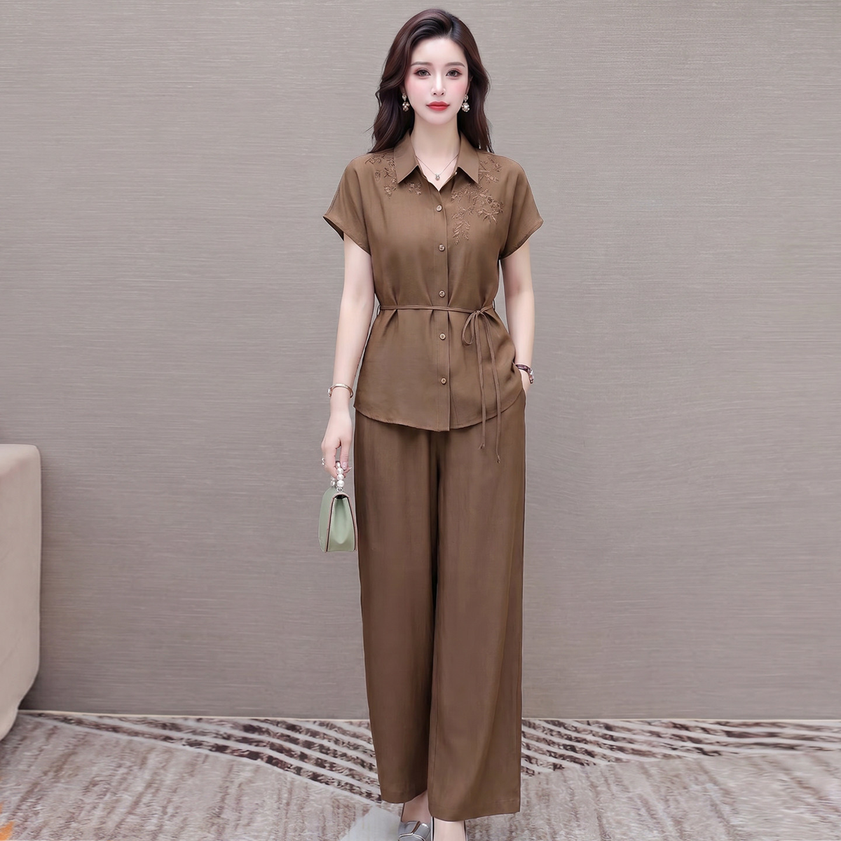 洋气POLO领收腰短袖两件套女2026夏季新款妈妈时尚薄款阔腿裤套装