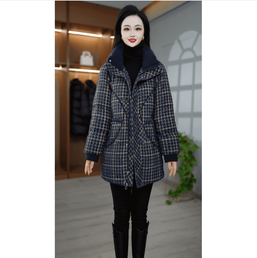 白鸭绒格子羽绒服外套女