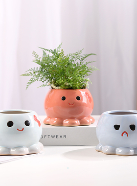 陶瓷多肉植物花盆超萌小鹿拇指盆章鱼表情绿植盆室内新款草莓盆景