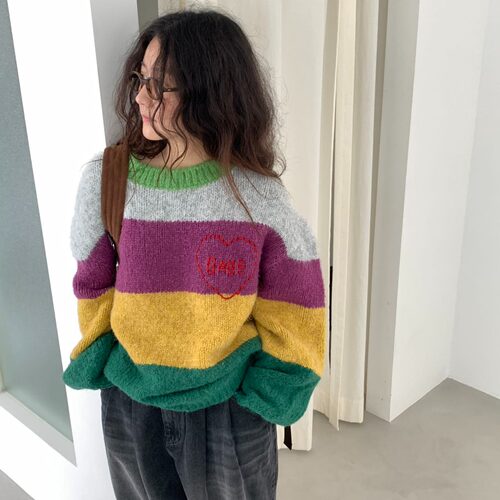 韩国爱心彩虹条纹针织毛衣外套