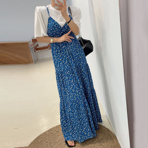 韩国东大门2025新款法式温柔风蕾丝花边高腰碎花吊带雪纺连衣裙女