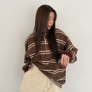 韩国东大门2026春装复古撞色POLO领宽松条纹磨毛套头卫衣女打底衫