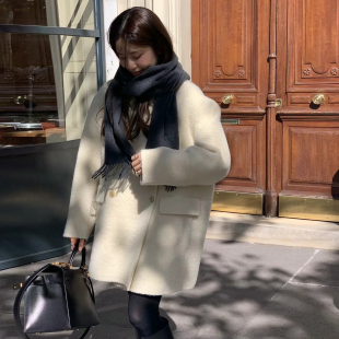 韩国东大门气质翻领双排扣加厚防风保暖宽松中长款毛呢外套女大衣
