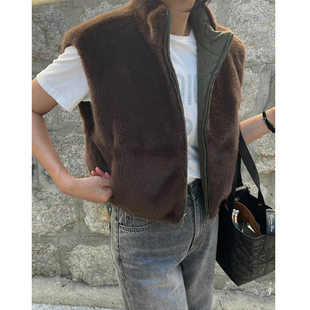 韩国东大门仿水貂毛两面穿保暖棉服马甲女短款坎肩皮草马夹外套