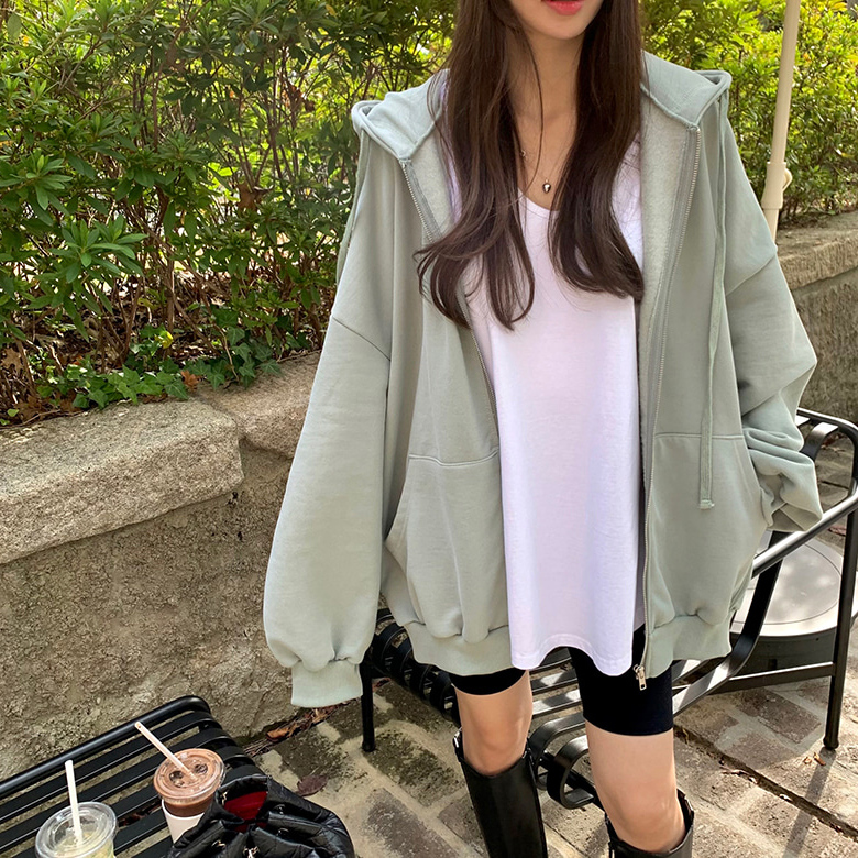 韩国连帽加绒拉链卫衣