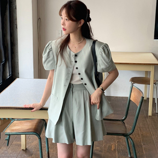韩国东大门法式圆领泡泡袖薄款短袖西装外套女+阔腿休闲短裤套装
