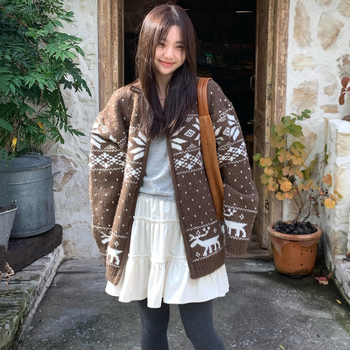 韩国圣诞雪花小鹿毛衣开衫外套
