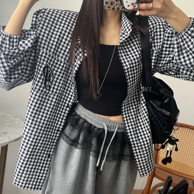 韩国口袋刺绣字母格子长袖衬衫