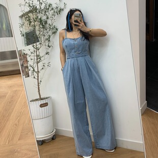 韩国东大门抹胸吊带阔腿牛仔背带裤女复古做旧高腰直筒休闲连体裤