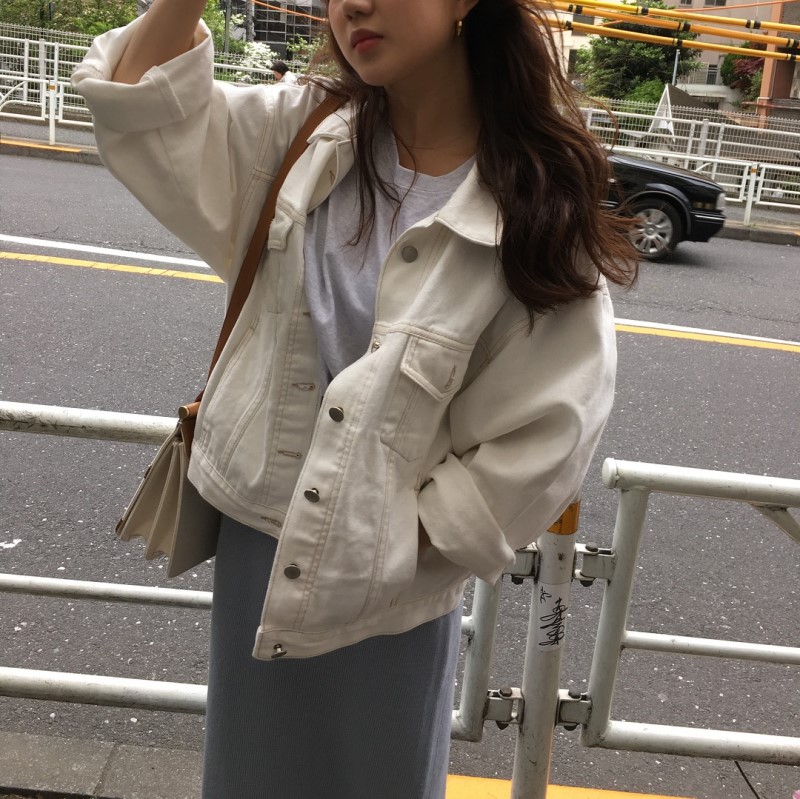 韩国白色牛仔外套明线设计