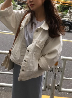白色牛仔外套女短款宽松韩国东大门明线设计百搭夹克牛仔衣上衣女